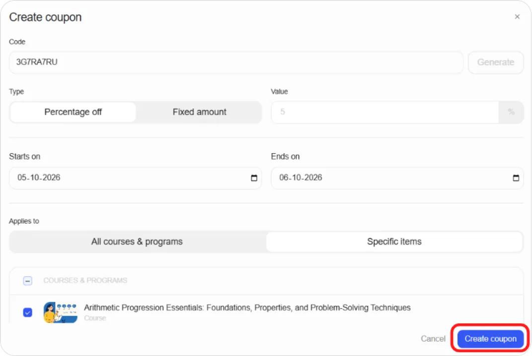 Create coupon dialog
