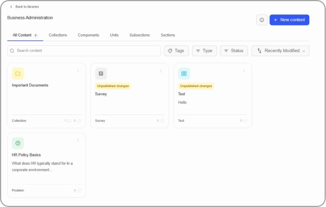 Library detail page with content type tabs