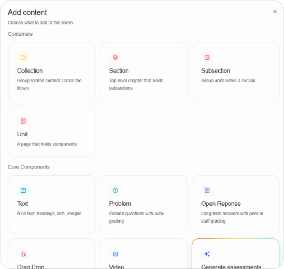 Add content modal showing Containers and Core Components