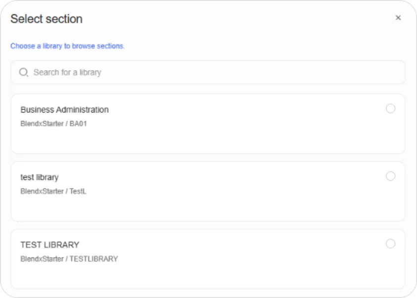 Select section modal listing available libraries