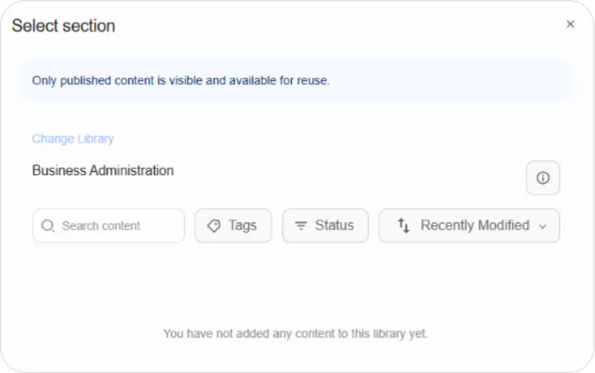 Select section browser with the published-content notice