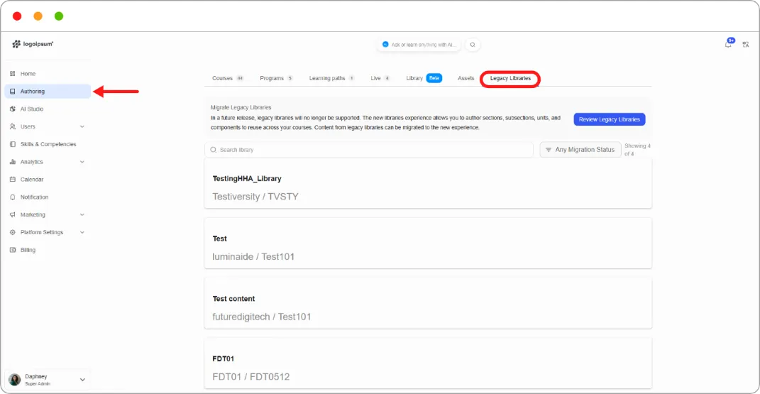 Legacy Libraries tab with the migration banner