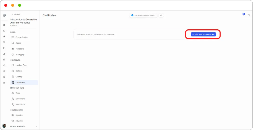 Certificates page with Add certificate button