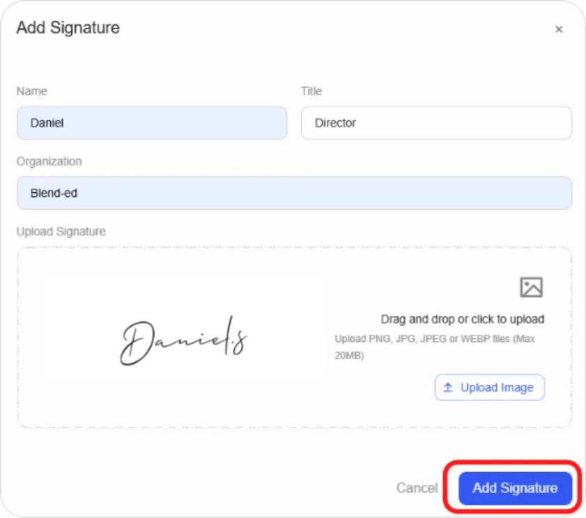 Add Signature modal