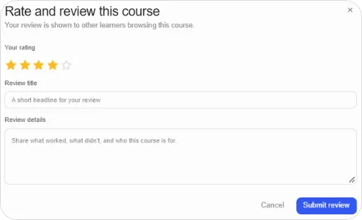 Rate and review this course window with a rating, title and details filled in