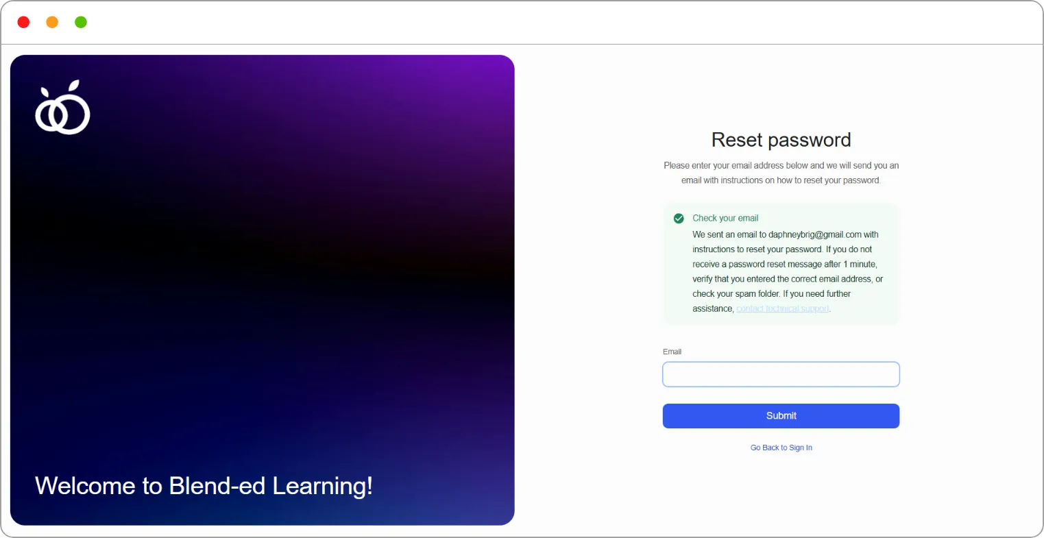 Reset password page showing the Check your email message