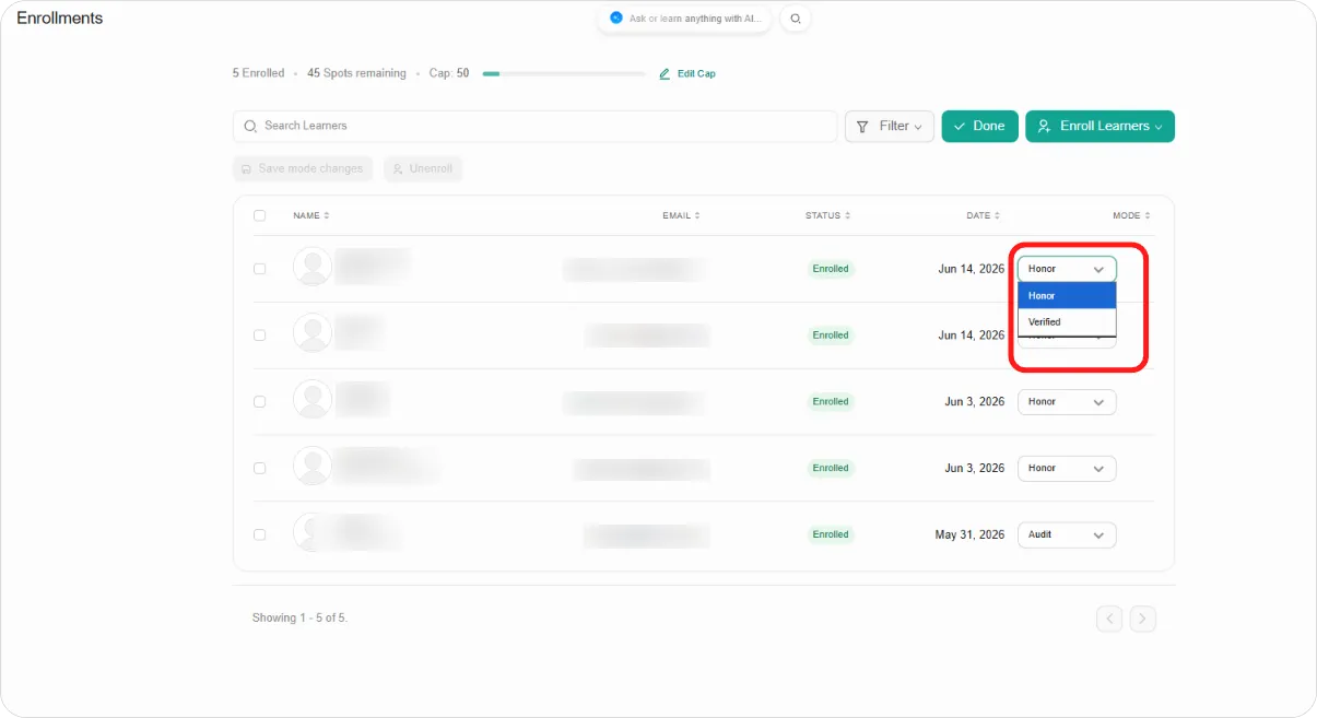 Enrollments page in editing mode