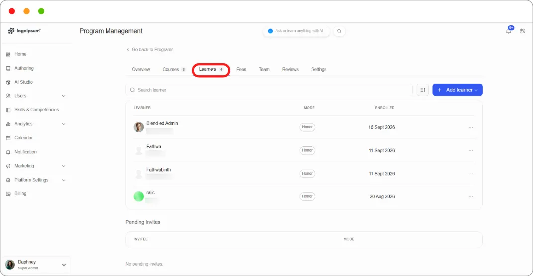 Learners tab with Pending Invites