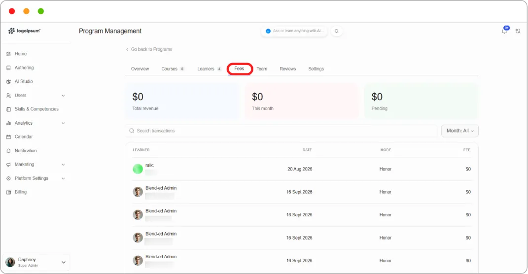 Fees tab