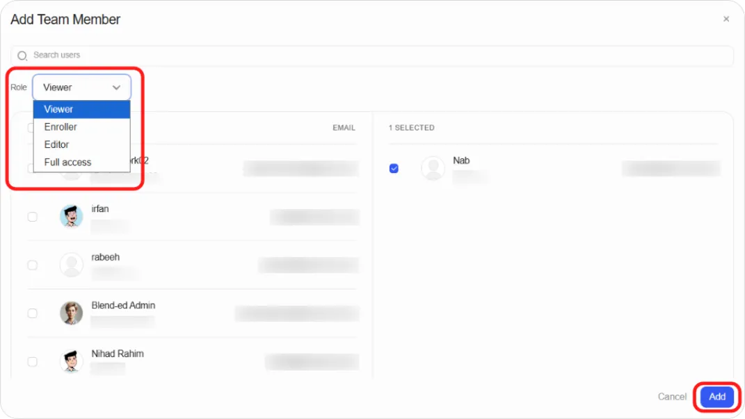 Add Team Member modal with the Role dropdown