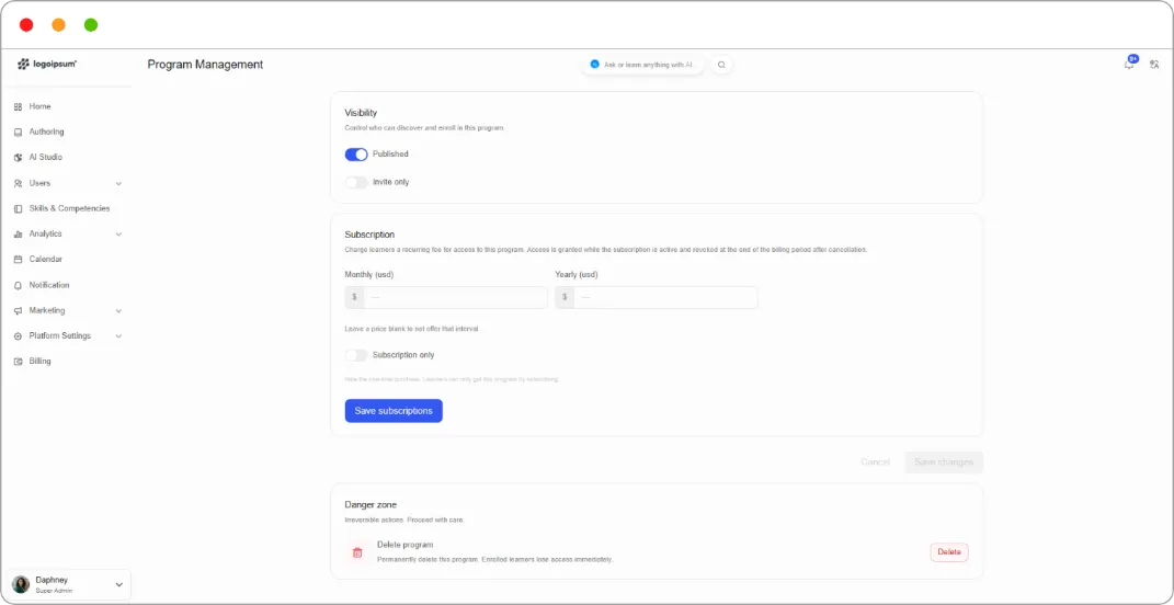 Subscription settings
