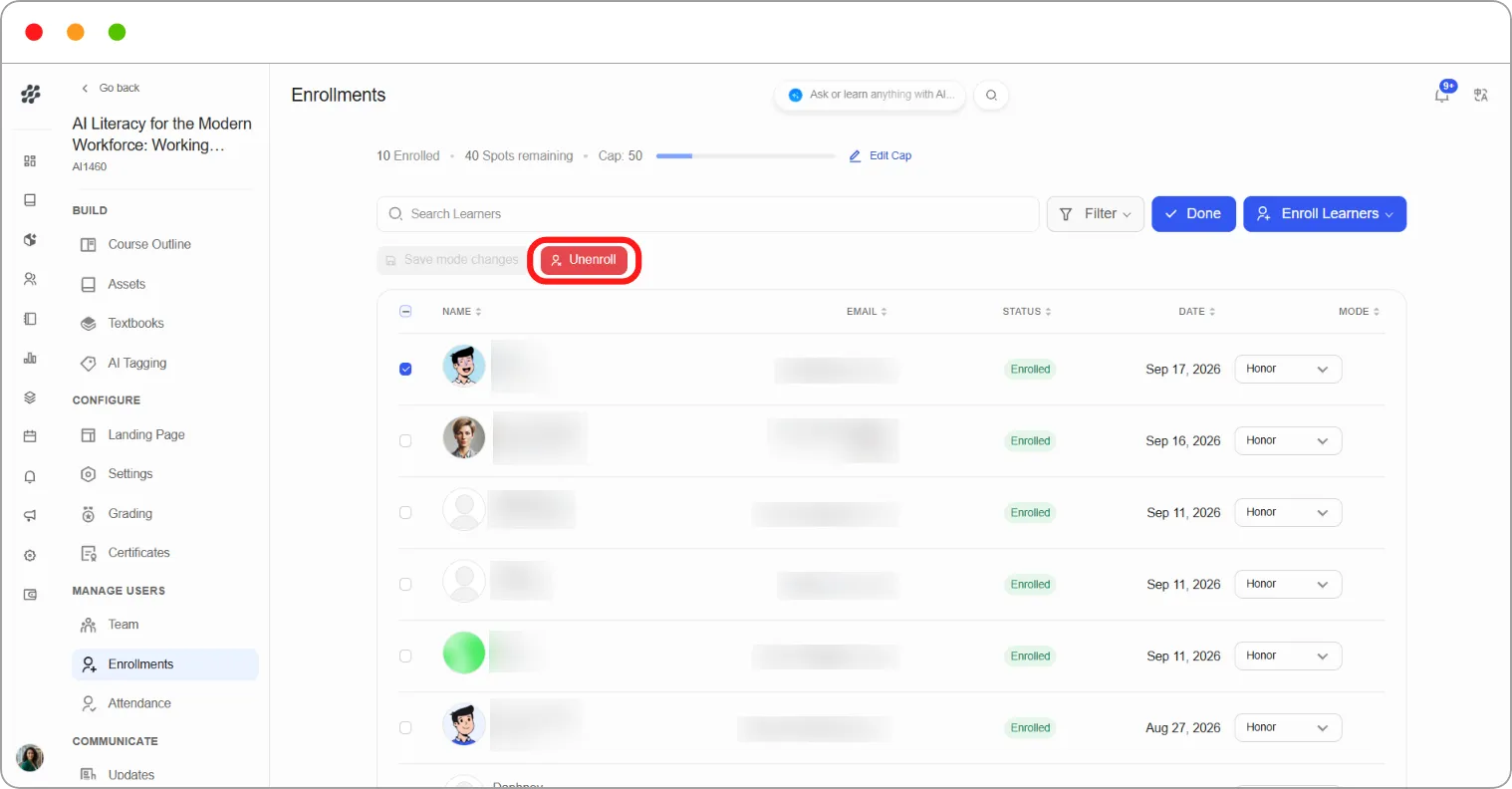 Learners selected with the Unenroll button active