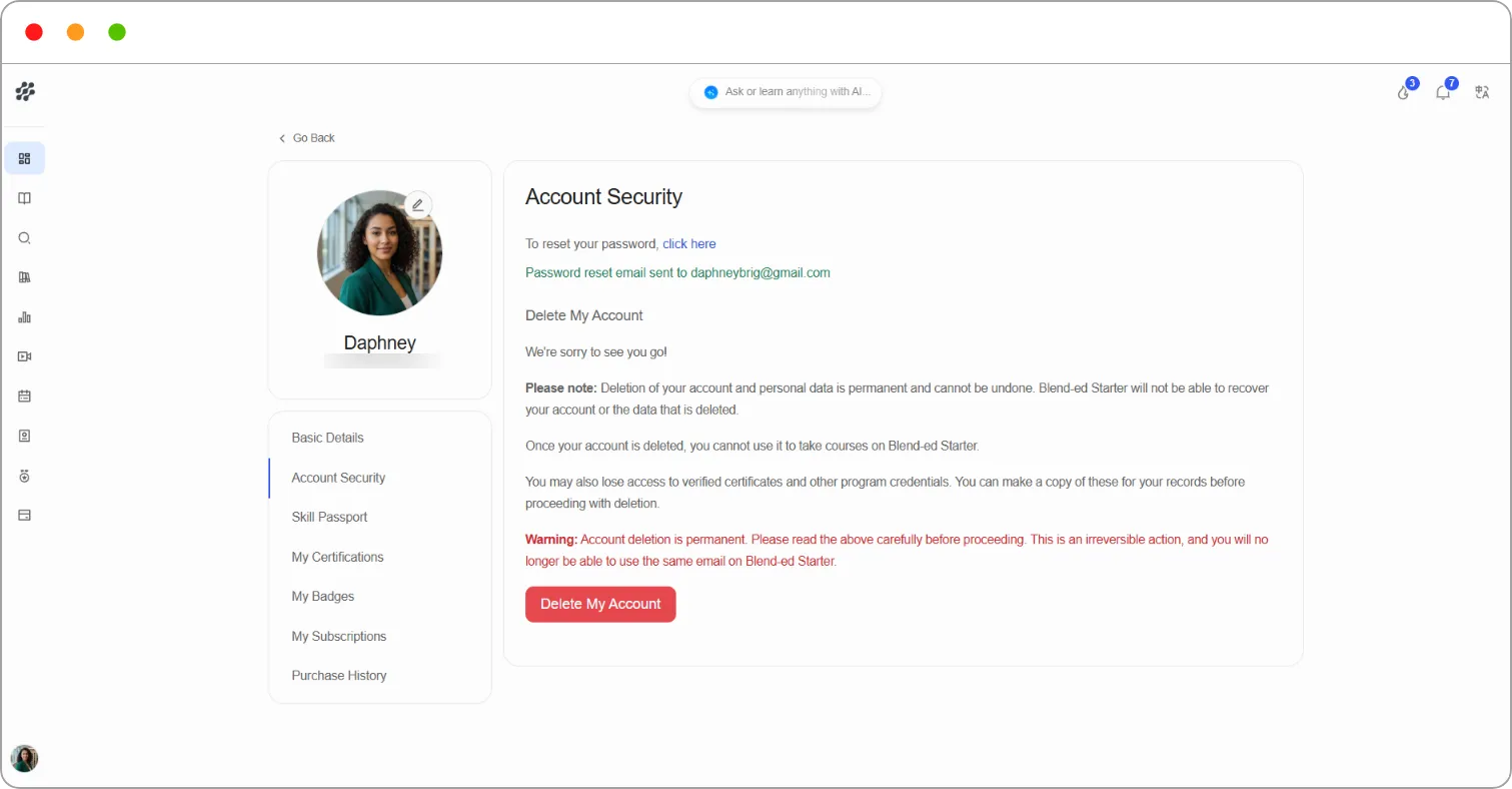 Account Security showing the reset link and the Password reset email sent confirmation