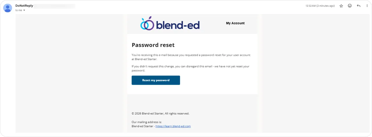 The Password reset email with the Reset my password button