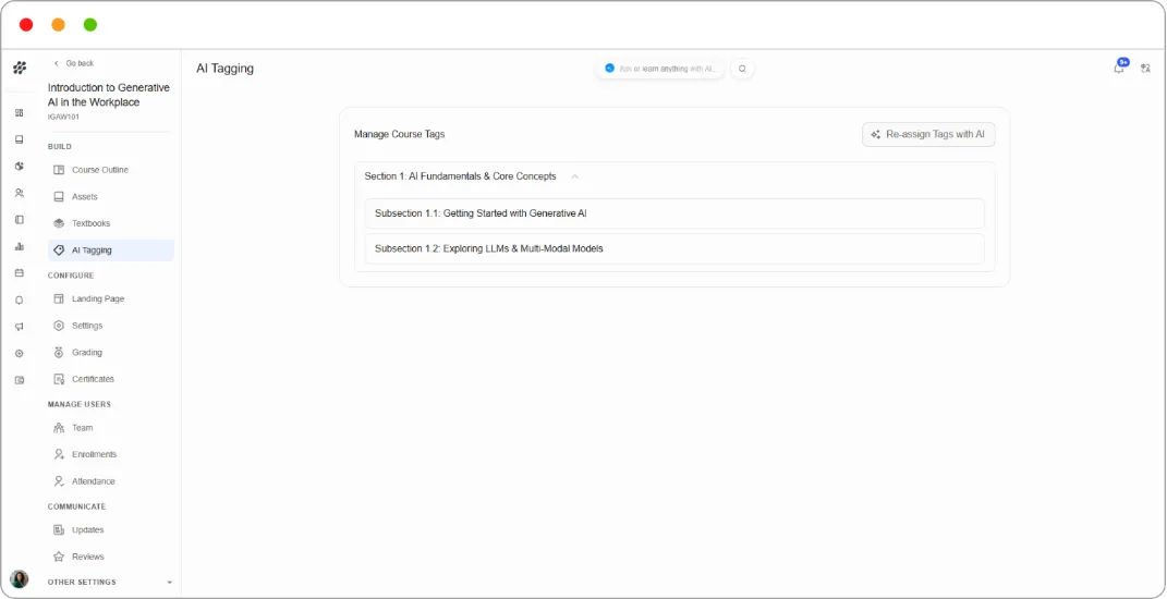 AI Tagging page showing a section expanded with its subsections
