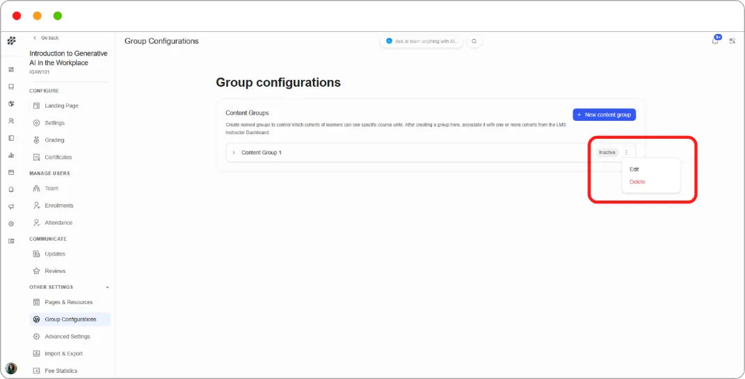 Group configurations with a content group