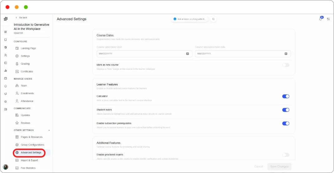 Advanced Course Configuration screenshot 170