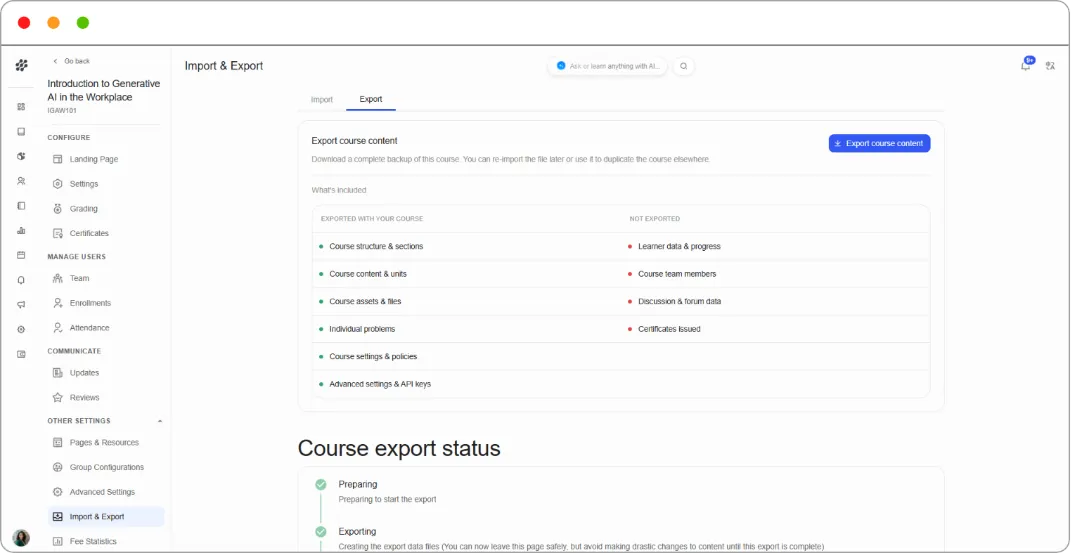 Export tab showing the What's included table