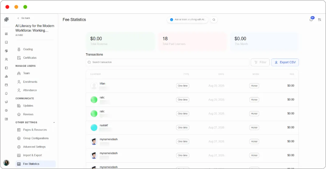 Fee Statistics page