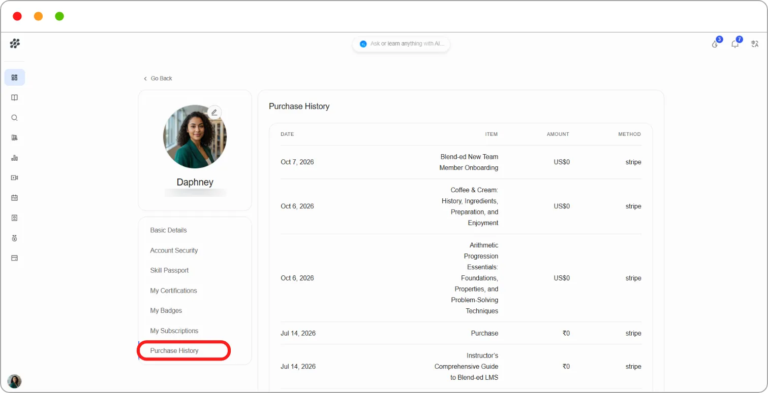 Purchase History showing a list of purchases
