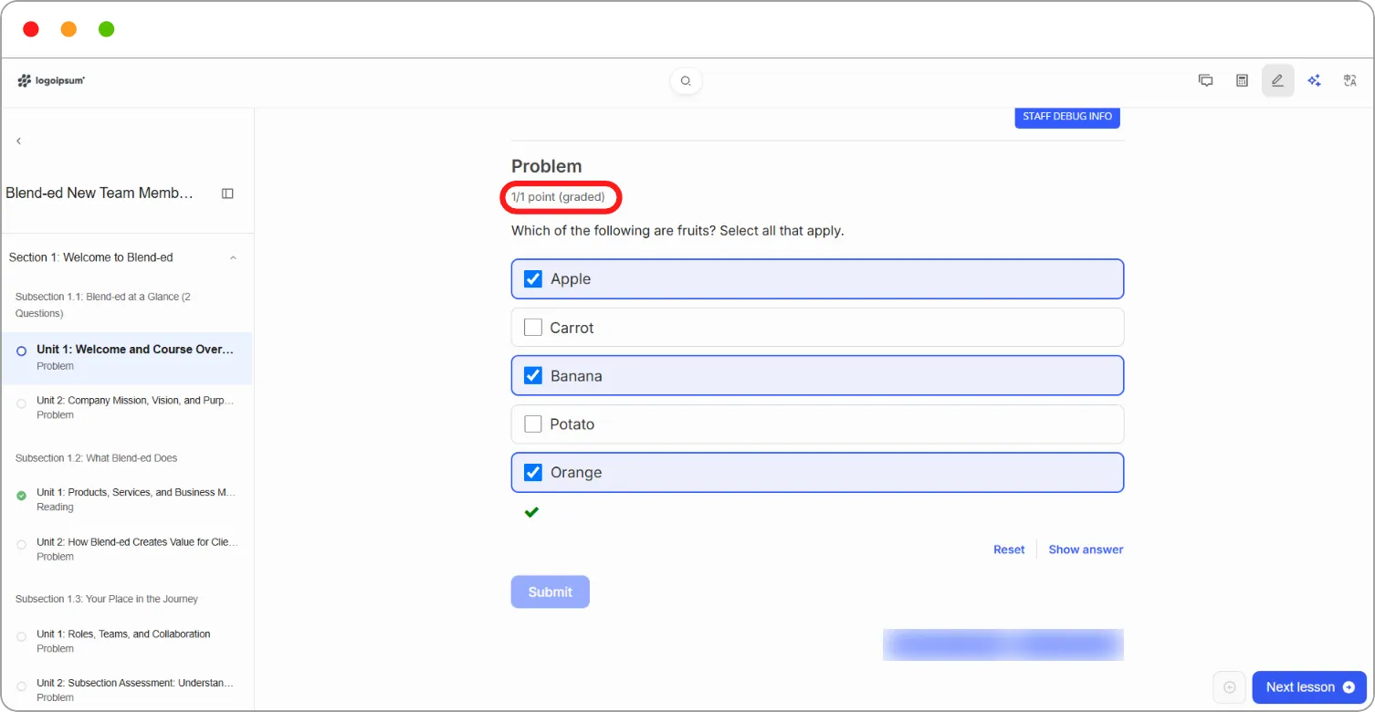 A Problem block after submitting, showing Correct (1/1 point), Reset and Show answer