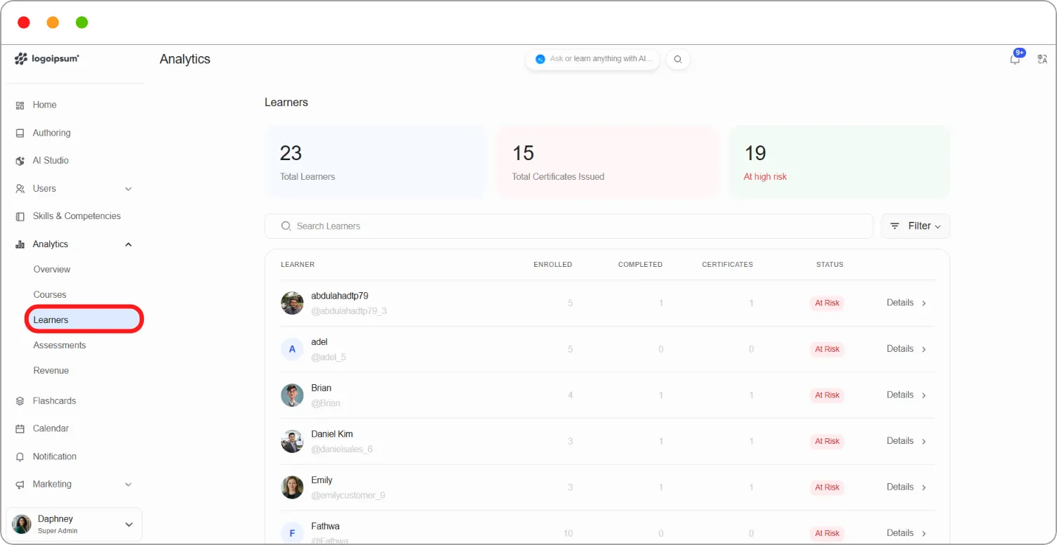 How to use the Learners report screenshot 15